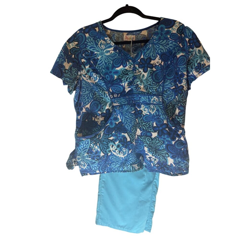 Blue & White Paisley Scrub Top With Pants Set